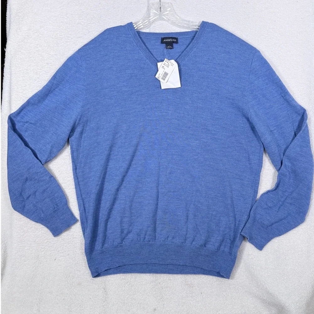 Vintage Lands End Mens Large Blue 100% Wool V-Neck Sweater Made in USA NWT 93718